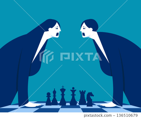 Business rivalry and conflict. Two business person with a chessboard ranting against each other Business rivalry and conflict. Two business person with a chessboard ranting against each other 136510679
