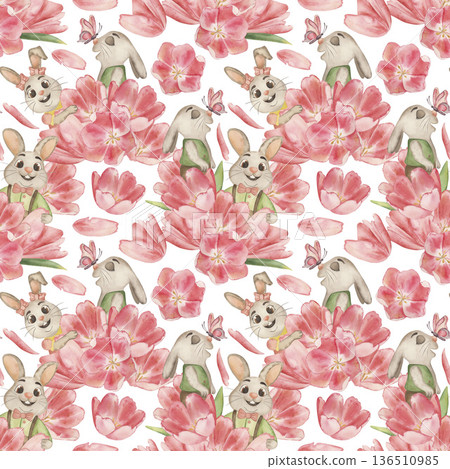 Spring watercolor seamless pattern with cute bunnies, pink tulips and butterflies. Hand-drawn botanical illustration in pastel colors for fabric, nursery wallpaper, wrapping paper and textile 136510985