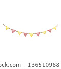 Festive watercolor garland with pink and yellow flags isolated on white. Hand-drawn botanical style illustration for birthday party, wedding decor, baby shower, nursery and greeting cards 136510988