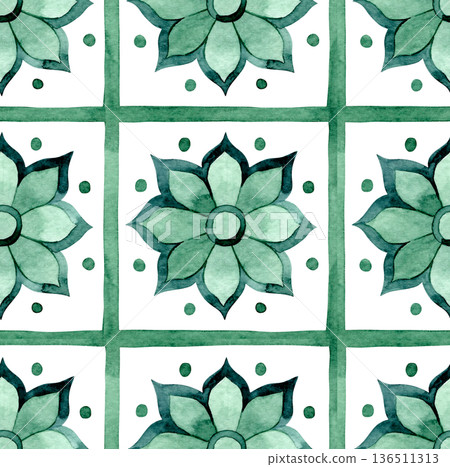 Seamless pattern with ornamental tiles. Watercolor illustration in green. Seamless pattern with ornamental tiles. Watercolor illustration in green. 136511313