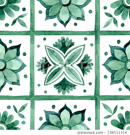 Seamless pattern with ornamental tiles. Watercolor illustration in green. 136511314