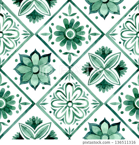 Seamless pattern with diamonds and ornamental tiles. Watercolor illustration in green. 136511316