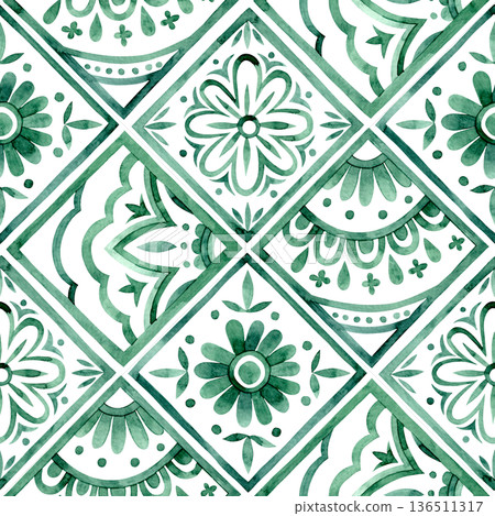 Seamless pattern with diamonds and ornamental tiles. Watercolor illustration in green. 136511317