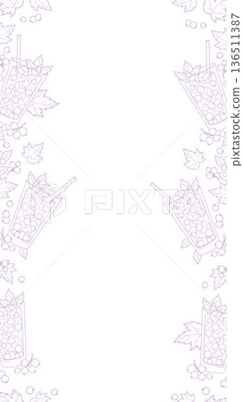 Outline Berries Drinks Seamless Border. Cocktail, Lemonade in Glass with Ice Cubes, Blackcurrant, Mint and Straw. Vertical coloring template White Background with Empty Copy Space. Vector Illustration 136511387