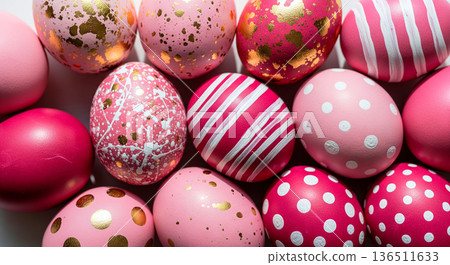 Festive pink and gold Easter eggs with various decorative patterns and textures 136511633