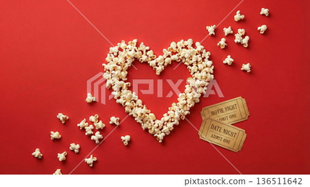 Heart shaped popcorn and movie tickets on a red background for a romantic date night 136511642