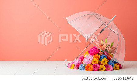 Vibrant bouquet of colorful flowers spilling out of a clear umbrella on a peach background Vibrant bouquet of colorful flowers spilling out of a clear umbrella on a peach background 136511648