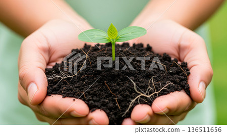 Hands gently holding fertile soil with a young green sprout and visible roots 136511656