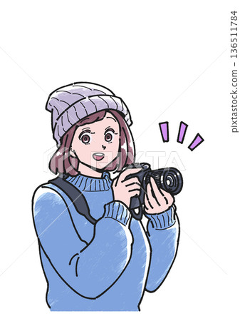 Illustration of a smiling woman holding a camera Illustration of a smiling woman holding a camera 136511784