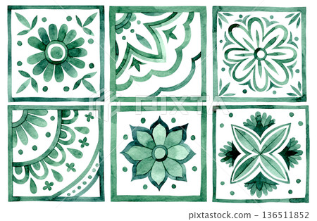 A set of tiles with ornamental patterns. Watercolor illustration in green. 136511852