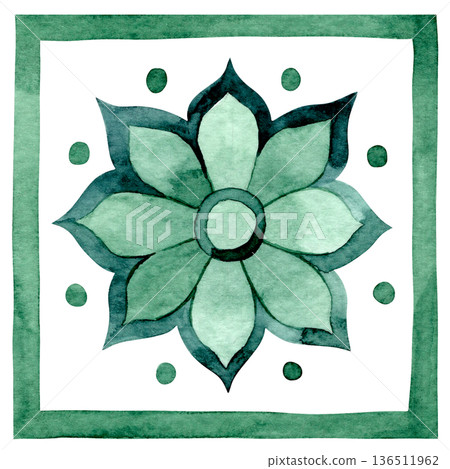 Ornamental tiles. Green watercolor illustration. Ornamental tiles. Green watercolor illustration. 136511962