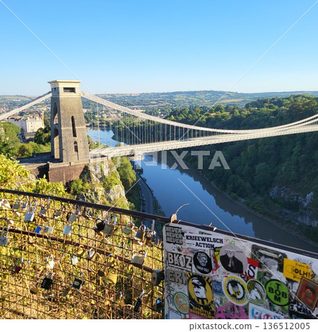 This is Clifton Suspension Bridge with hot ballon in summer time 136512005