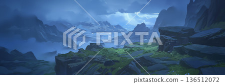 陰雲密佈的岩石山景，動漫風格 136512072