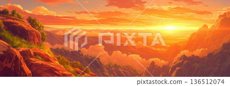 Rocky mountain landscape with the setting sun, anime style 136512074