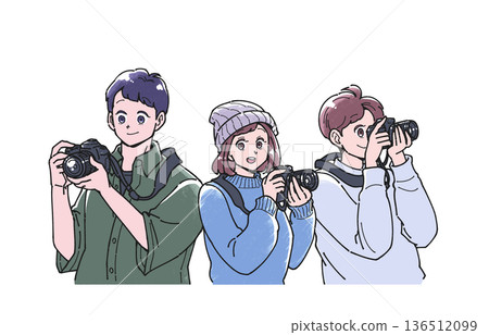 Illustration of three men and women holding cameras Illustration of three men and women holding cameras 136512099