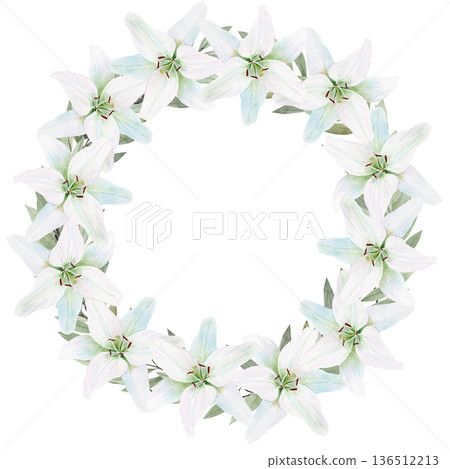 Watercolor wreath of white lilies with green leaves, delicate floral frame isolated on black background, hand painted botanical illustration for wedding invitations, Easter decor and greeting cards Watercolor wreath of white lilies with green leaves, delicate floral frame isolated on black background, hand painted botanical illustration for wedding invitations, Easter decor and greeting cards 136512213