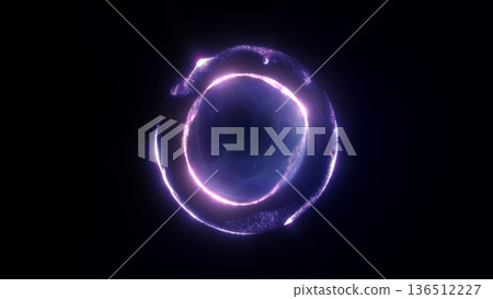 Purple neon ring around a dark sphere with sparkling particles, abstract cosmic eclipse energy background Purple neon ring around a dark sphere with sparkling particles, abstract cosmic eclipse energy background 136512227