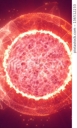 Fiery red energy sphere with glowing plasma surface, abstract representation of power, heat, and cosmic force 136512233