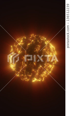 Glowing golden plasma sphere made of sparkling particles and fiery filaments on a dark background, creating a dramatic cosmic energy effect Glowing golden plasma sphere made of sparkling particles and fiery filaments on a dark background, creating a dramatic cosmic energy effect 136512239