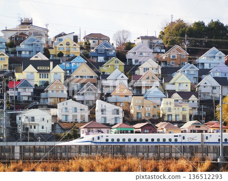 Kanagawa Prefecture: Colorful residential areas and a speeding Shinkansen train, January Kanagawa Prefecture: Colorful residential areas and a speeding Shinkansen train, January 136512293