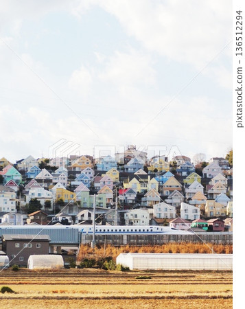 Kanagawa Prefecture: Colorful residential areas and a speeding Shinkansen train, January Kanagawa Prefecture: Colorful residential areas and a speeding Shinkansen train, January 136512294