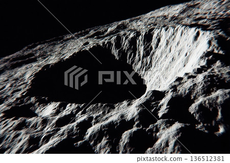 Close-up view of a crater on an asteroid's surface, showcasing the rough terrain and deep shadows, highlighting the beauty of space geology Close-up view of a crater on an asteroid's surface, showcasing the rough terrain and deep shadows, highlighting the beauty of space geology 136512381