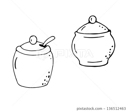 Hand Drawn Sugar Bowls Set Kitchen Line Art Illustration 136512463