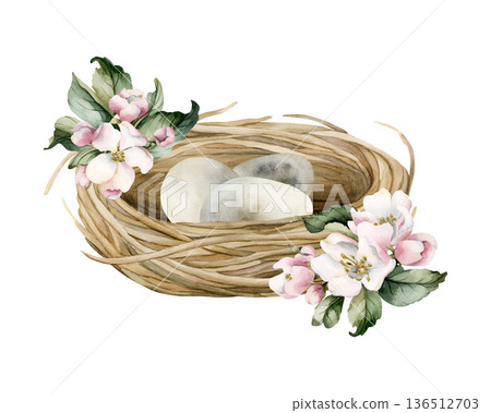 Bird nest with eggs. Wicker boho vintage rustic shabby chic decoration item. Watercolor hand drawn illustration isolated on white background in rural style for Easter spring design cottagecore poster 136512703