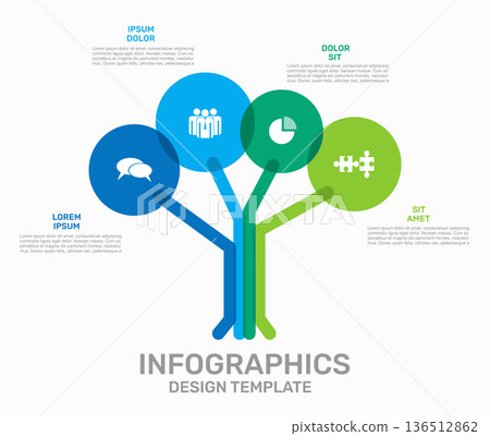 Tree-shaped infographic template with colorful branches and circular nodes containing icons. Vector illustration. 136512862