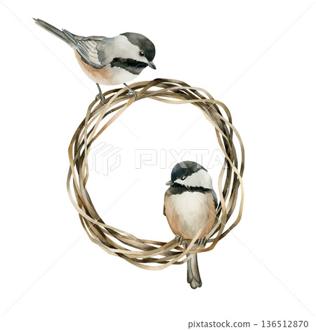 Braided Wreath with birds Black capped Chickadee. Watercolor hand drawn illustration isolated on white background Easter decor spring design cottagecore rustic card poster rural print home textile 136512870