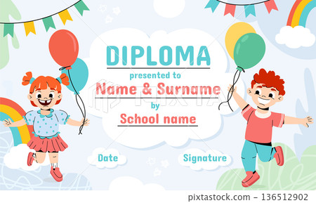 Colorful school diploma template for kids and children with cartoon cute characters and child elements 136512902