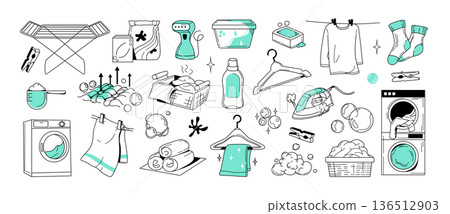 Hand drawn laundry doodle icon set with clothes, washer detergents and washing machines 136512903