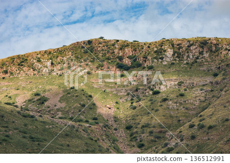 Rocky cliff on grassy hillside under blue sky in rural Rajasthan, India 136512991