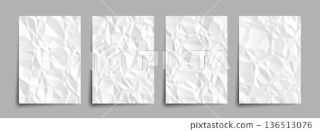 Set White crumpled paper sheet featuring natural creases and wrinkles, ideal for crafting authentic vintage backgrounds, notebook pages, and creative collage material with textured appeal. Set White crumpled paper sheet featuring natural creases and wrinkles, ideal for crafting authentic vintage backgrounds, notebook pages, and creative collage material with textured appeal. 136513076