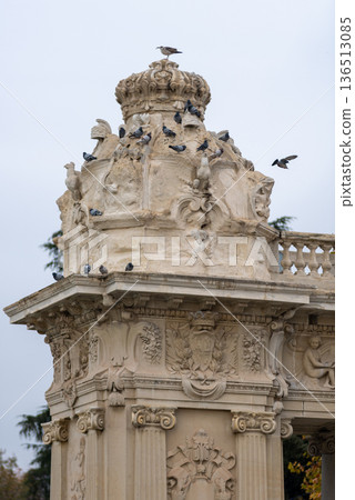 Architectural details at Alfonso XII monument in Buen Retiro Park, large public park in Madrid, Spain Architectural details at Alfonso XII monument in Buen Retiro Park, large public park in Madrid, Spain 136513085
