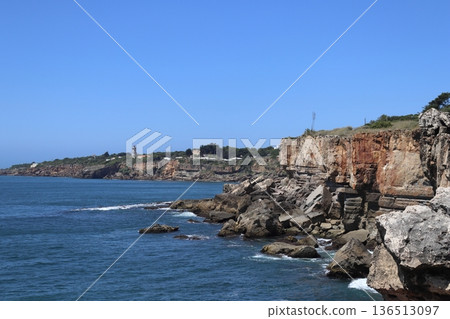 Panoramic view of Cascais coastline with Guia Lighthouse in Portugal. 136513097