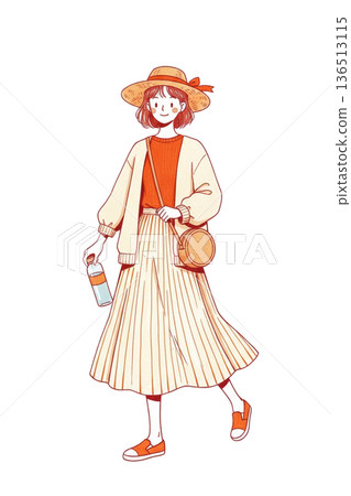 一位戴著草帽的女士正在行走 136513115