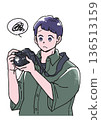 Illustration of a man holding a camera and looking troubled 136513159