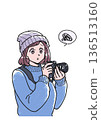Illustration of a woman holding a camera and looking troubled 136513160