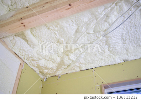 Image of a house: Spray insulation on a wooden single-story house under construction Image of a house: Spray insulation on a wooden single-story house under construction 136513212