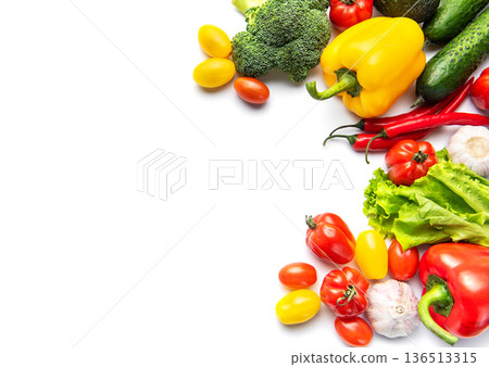 Fresh organic vegetables on white background with copy space 136513315