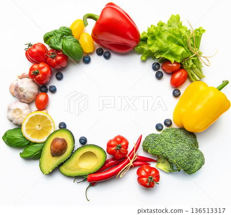 Fresh vegetables and fruits creating healthy food frame Fresh vegetables and fruits creating healthy food frame 136513317