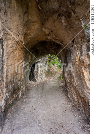 Rock tunnel hiking trail leading to forest exit Rock tunnel hiking trail leading to forest exit 136513365