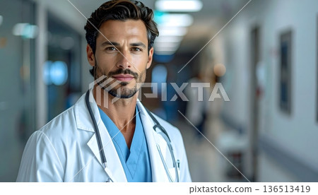 Caucasian Male Doctor Portrait in Modern Hospital Corridor 136513419