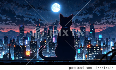 Black Cat Silhouette Watching City Skyline Under Full Moon Night 136513487