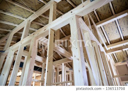 Image of a house: Wooden one-story frame under construction Image of a house: Wooden one-story frame under construction 136513708