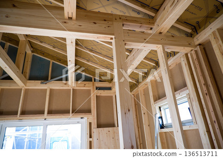 Image of a house: Wooden one-story frame under construction 136513711