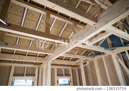 Image of a house: Wooden one-story frame under construction 136513714