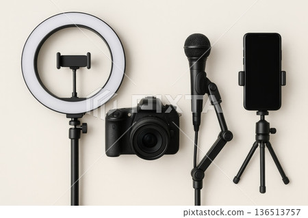 Various recording tools are arranged neatly on a plain background including a camera microphone ring light and mobile phone holder 136513757