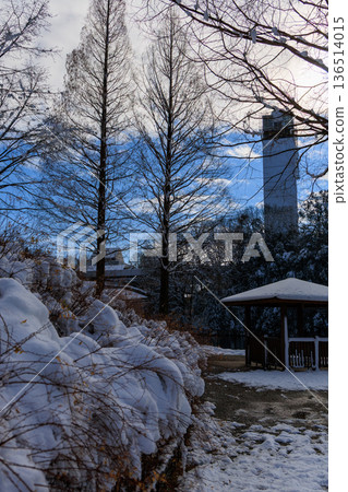 岐阜世界玫瑰園的涼亭和池塘被白雪覆蓋,冬日景色美不勝收。 岐阜世界玫瑰園的涼亭和池塘被白雪覆蓋,冬日景色美不勝收。 136514015